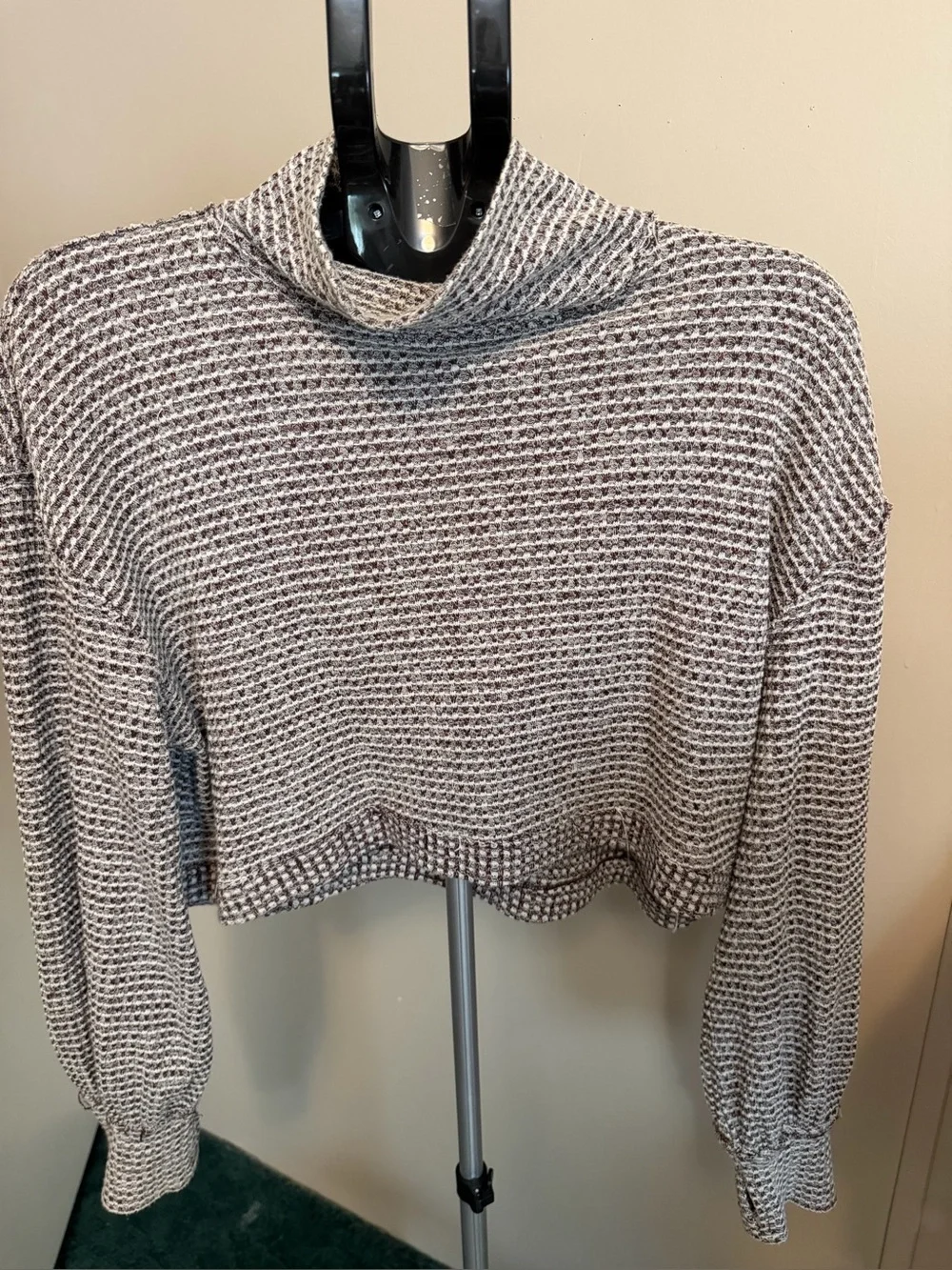 Free People BK Waffle Knit Cropped Turtleneck Sweater Wine Combo